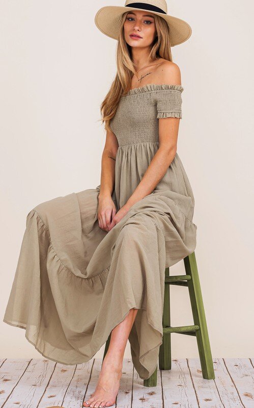 Olive Off Shoulder Maxi Long Dress