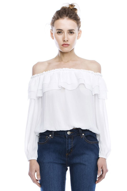 Ruffled Off Shoulder Top Blouse White Or Dusty Pink | ShopSkaira