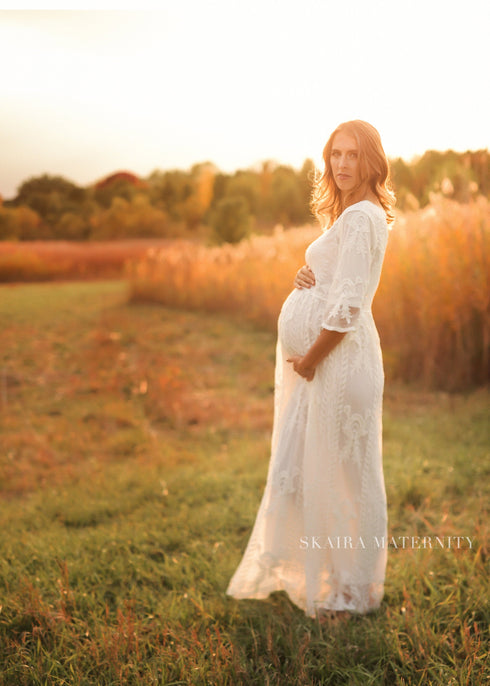 white dresses for pregnant women Chlo Sheer Maternity Dress Discover instant comfort White Lace Maternity Photoshoot Dress