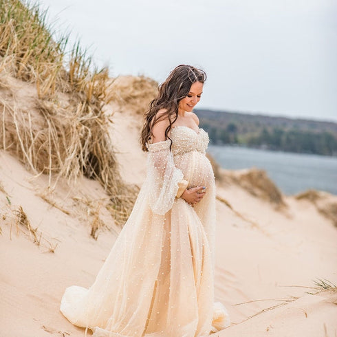 cream maternity photoshoot dress PinkBlush Beige Long Sleeve Photoshoot Maternity Gown/Dress