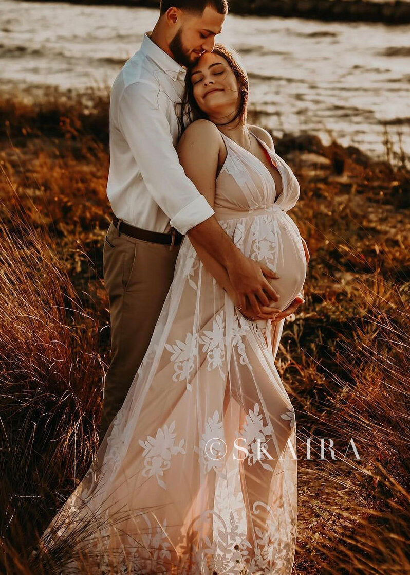 dress for pregnancy photoshoot White Nude Maternity Photoshoot Dress Gown