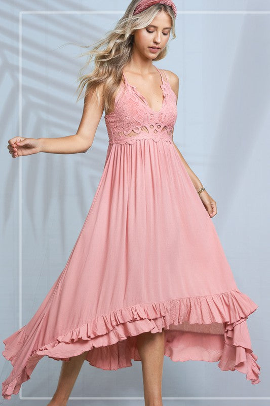 Boho Lace Pink Open Back Dress| ShopSkaira Large