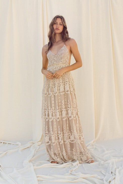 Boho Lace Champagne Open Back Maxi Dress| ShopSkaira SKAIRA Boho Lace Champagne Open Back Maxi Dress| ShopSkaira SKAIRA
