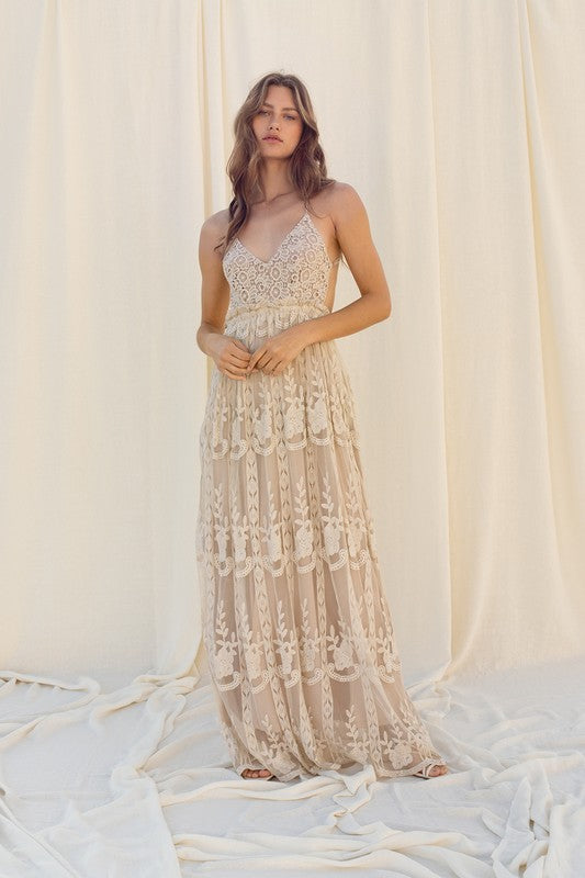 Boho Lace Champagne Open Back Maxi Dress| ShopSkaira SKAIRA Boho Lace Champagne Open Back Maxi Dress| ShopSkaira SKAIRA