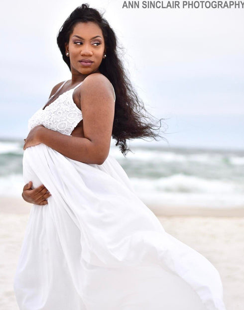 white baby shower dress White Maternity Baby Shower Boho Dress