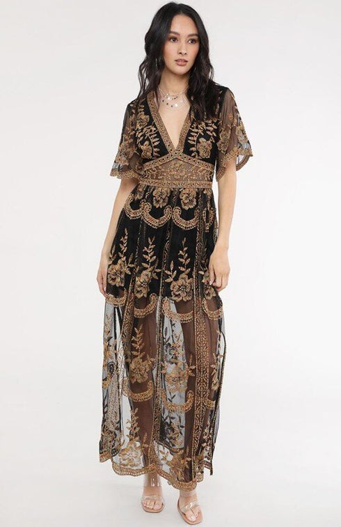 Black Multi Boho Bohemian Photo Shoot Floral Lace Maxi Long Deep V-Neck Dress