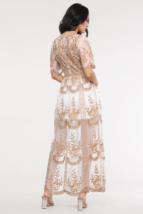 White Multi Boho Bohemian Photo Shoot Floral Lace Maxi Long Deep V-Neck Dress