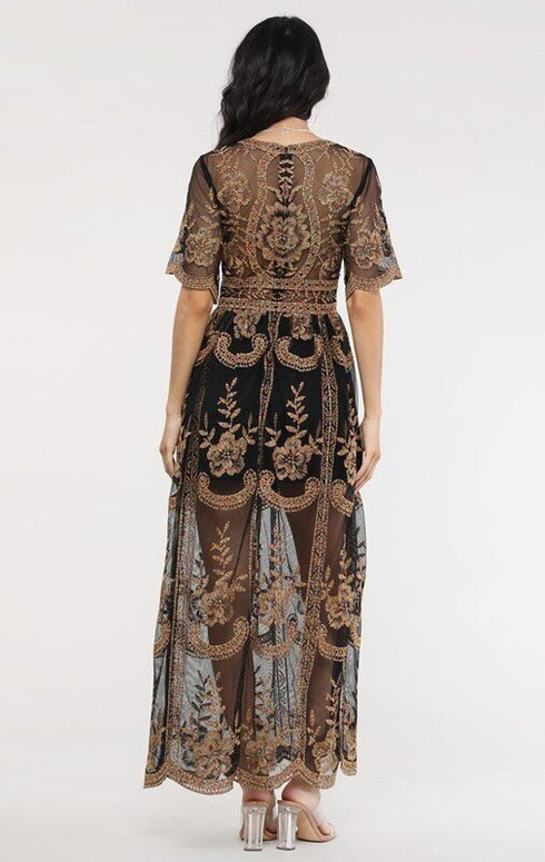Black Multi Boho Bohemian Photo Shoot Floral Lace Maxi Long Deep V-Neck Dress