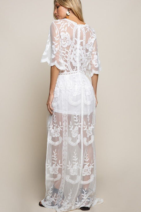 White Lace Maxi Deep V Neck Boho Bohemian Photoshoot Wedding Beach Dress