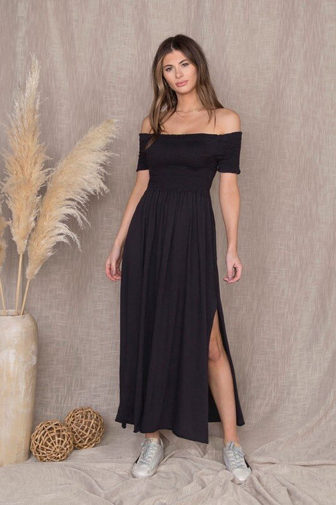 Off Shoulder Side Slit Black Maxi Long Cotton Dress