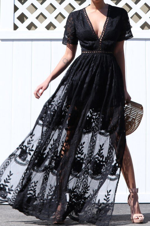 Black Boho Style Deep V Neck Lace Maxi Open Front Dress