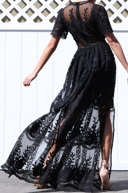 Black Boho Style Deep V Neck Lace Maxi Open Front Dress