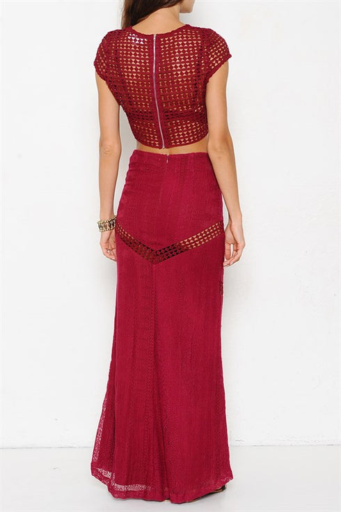 Burgundy Lace Crop Top And Maxi Skirt Set