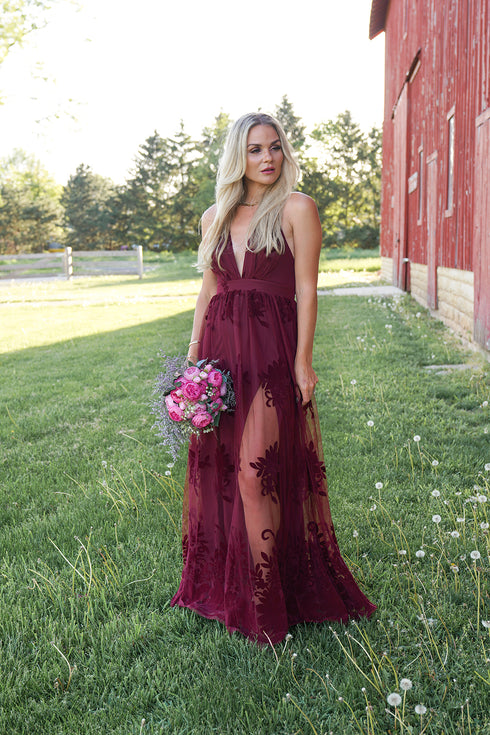 Wine Floral Mesh Lace Dress Maxi Long Evening Wedding Cocktail Prom Backless Open Back Lace Dress
