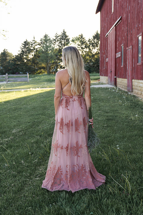 Blush Floral Mesh Lace Dress Maxi Long Evening Wedding Cocktail Prom Backless Open Back Lace Dress
