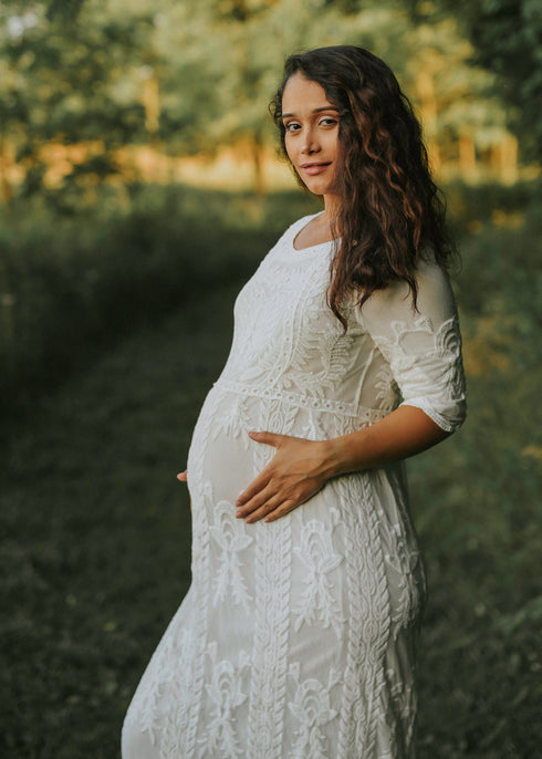 White Lace Maxi Maternity Pregnancy Dress For Photoshoot Babyshower