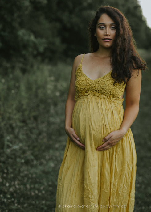 Mustard Open Back Backless Boho Maternity Pregnancy Dress For Photoshoot