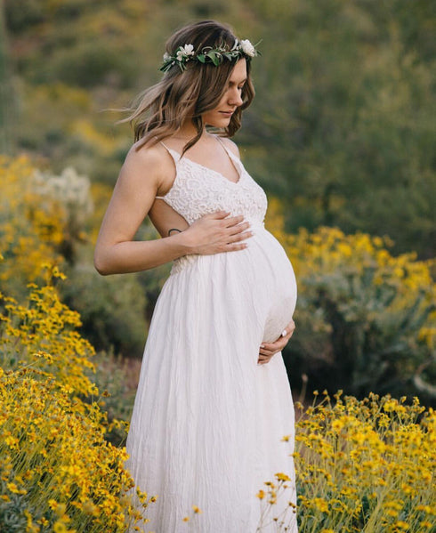 White Open Back Maternity Pregnancy Dress For Photoshoot And Baby Shower