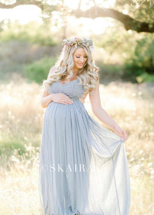 Sage Open Back Backless Boho Maternity Pregnancy Dress For Photoshoot